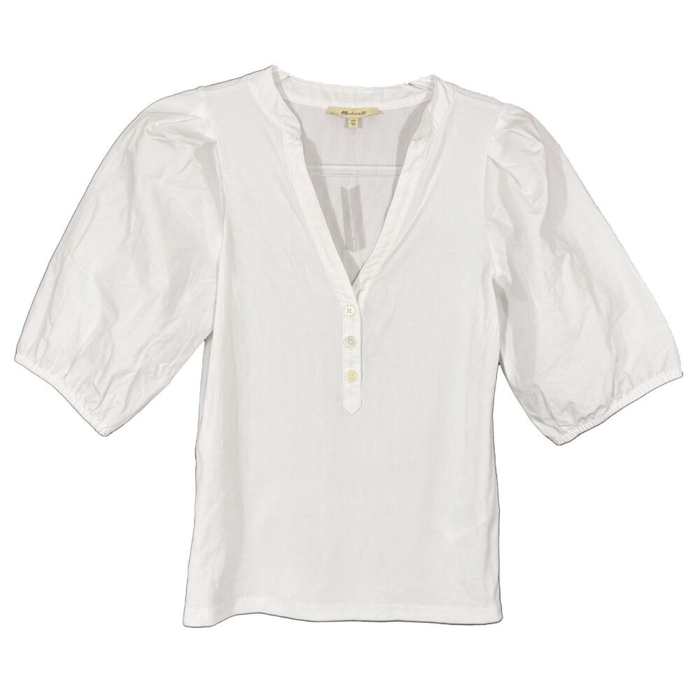 MADEWELL Puff-Sleeve Henley Knit Top XS White Ribbed Mix Media NWT B53 - Picture 2 of 6